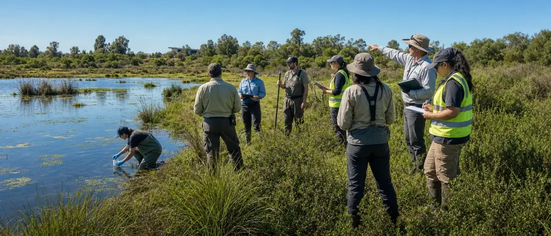 Field team surveying a wetland, taking water samples and recording observations.